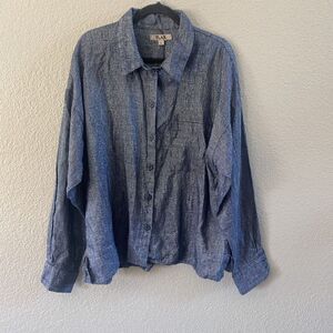 FLAX Tunic Large Blue Metallic Button up Linen Lagenlook Oversized coastal